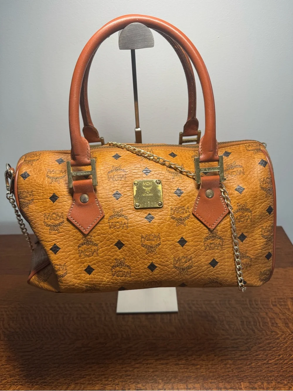 MCM Vintage Visetos Boston Satchel in Cognac Monogram